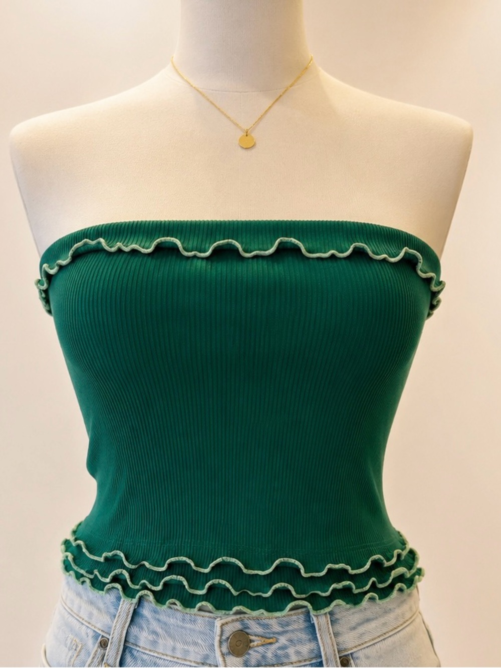 Gaze Ribbed Tube Top Green Medium Lettuce Hem Strapless Y2K NWT